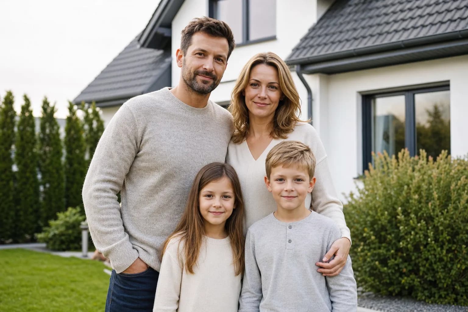 Familie vor ihrem Wohnhaus — Privatkunden im Wohnbereich